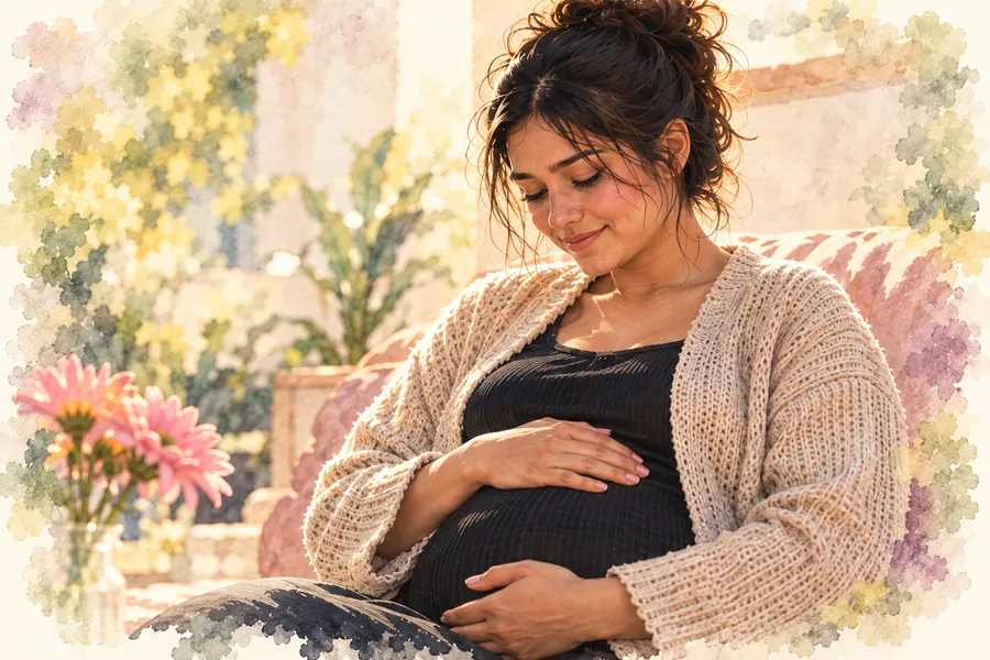 Watercolor illustration of an expectant mother smiling and resting her hands on her belly.