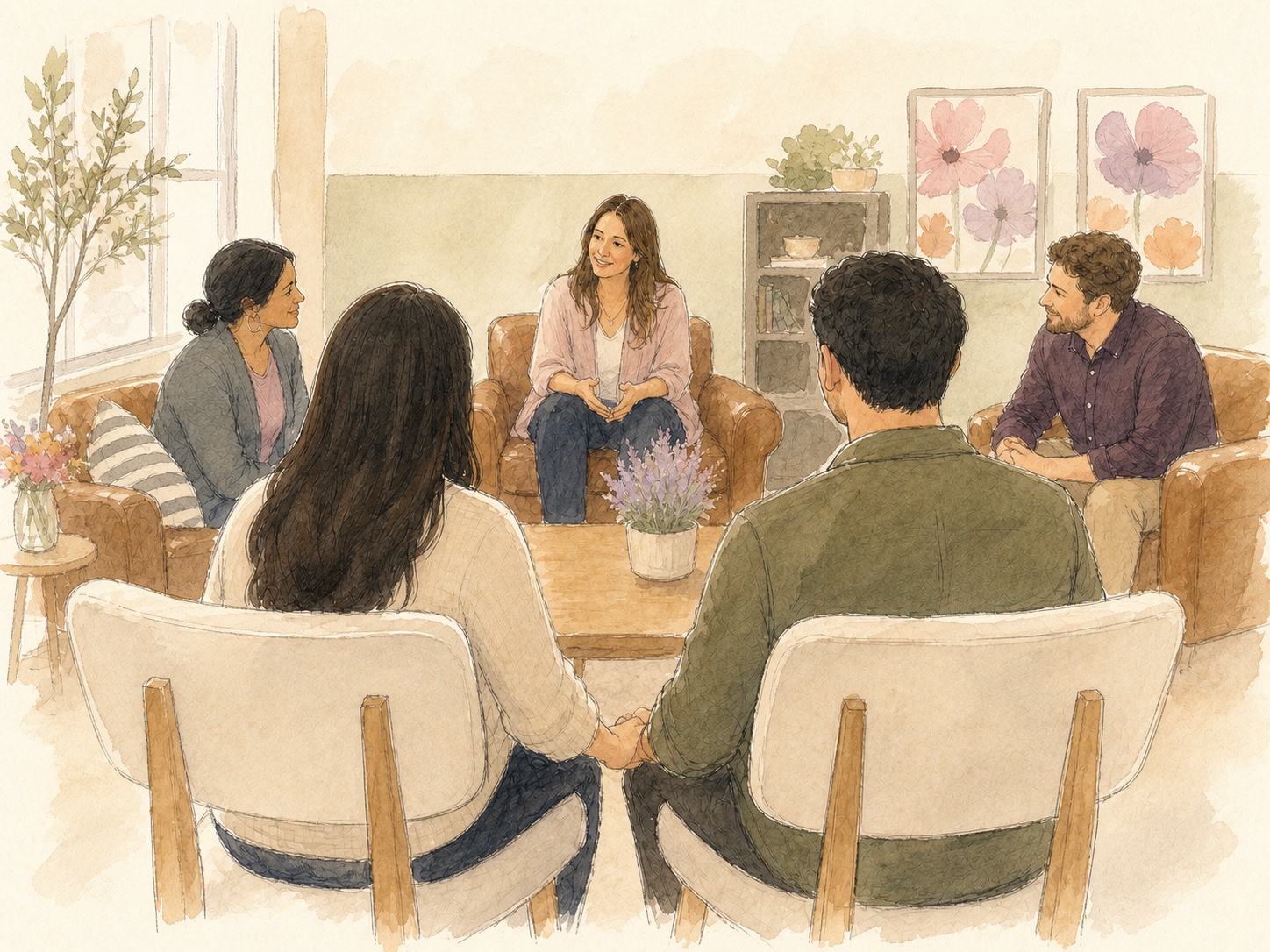 Watercolor illustration of Lily and her husband holding hands while talking with LIFEHOUSE volunteers in a warm, welcoming room.