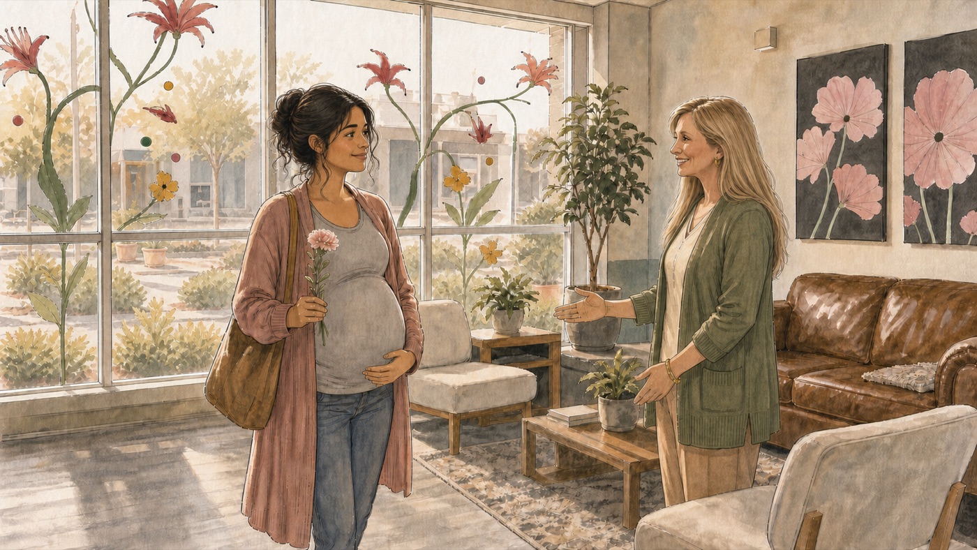 Watercolor illustration of a pregnant young woman holding a flower, welcomed into the LIFEHOUSE center by a team member.