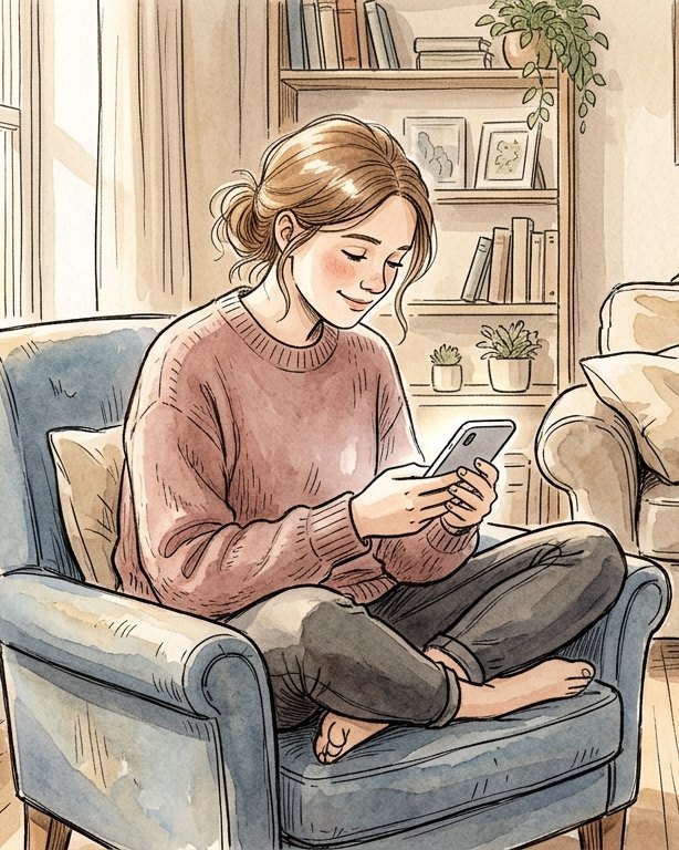 Watercolor illustration of a young woman curled up in an armchair at home, reading a message on her phone